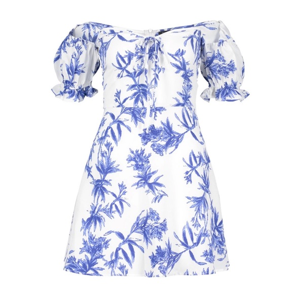 NWT Boohoo Petite Bardot White & Blue Tropical Floral Skater Mini Dress - Picture 6 of 11